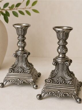 Pair of Antique Baroque Pewter Italian Rococo Italian Altar Candle Stick Holders